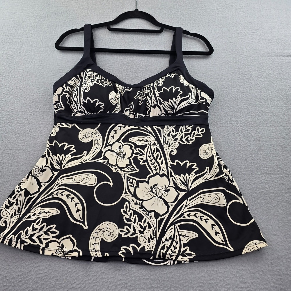 Caribbean Joe Tankini Top Womens 18 Beige Black Floral Nylon Stretch Sweetheart